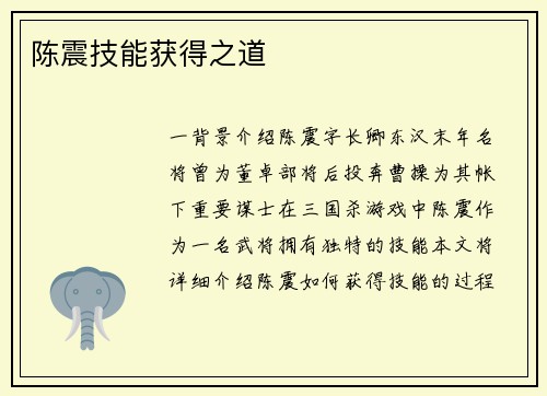 陈震技能获得之道